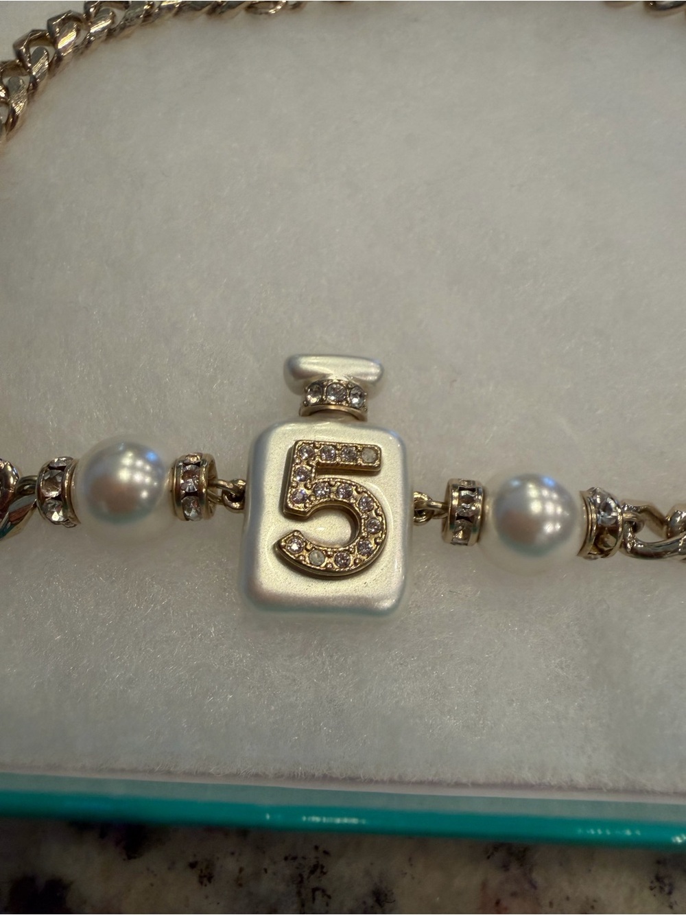 CHANEL Champagne Gold-Tone Pearl Necklace with Crystal '5' Pendant